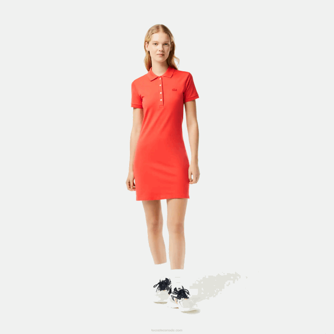 Women Lacoste V0ZN2377 Orange 02K Stretch Cotton Pique Polo Dress - Image 1