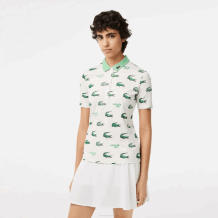 Women Lacoste V0ZN2378 White Green 2P0 Golf Crocodile Print Polo