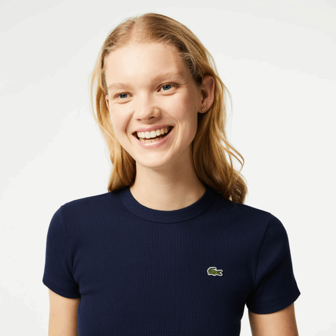 Women Lacoste V0ZN2385 Navy Blue 166 Slim Fit Organic Cotton T-Shirt - Image 2