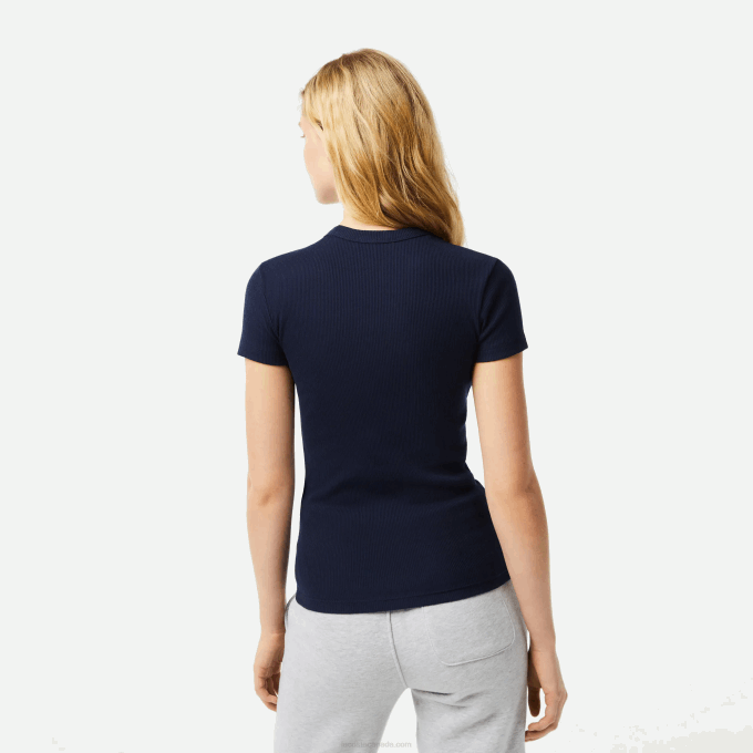Women Lacoste V0ZN2385 Navy Blue 166 Slim Fit Organic Cotton T-Shirt - Image 3