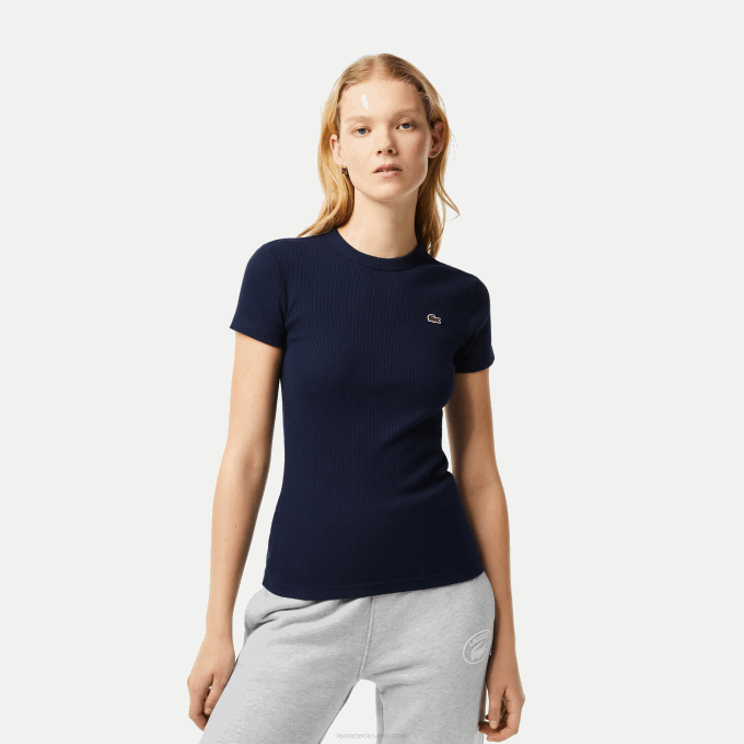 Women Lacoste V0ZN2385 Navy Blue 166 Slim Fit Organic Cotton T-Shirt - Image 1