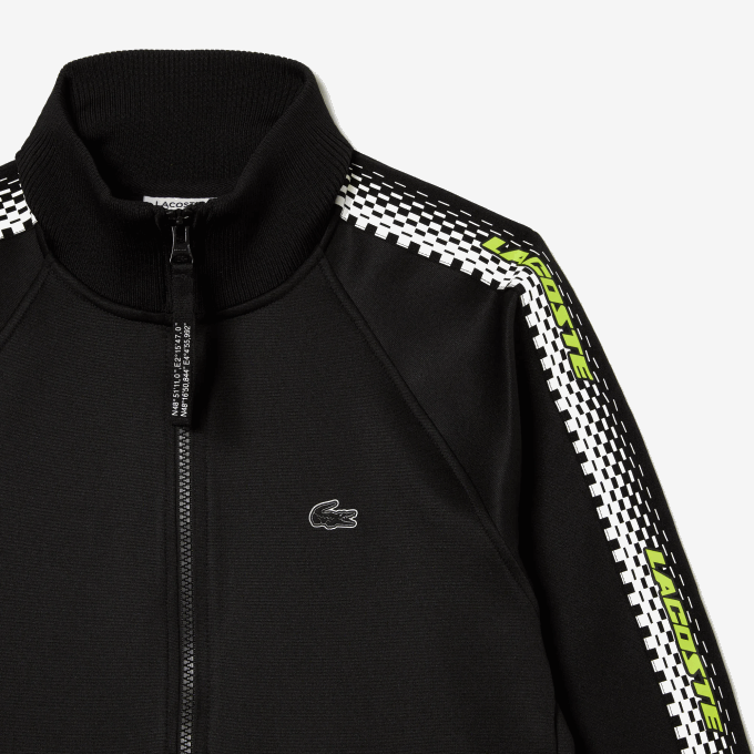 Women Lacoste V0ZN2397 Black 031 Loose Fit Logo Stripe Zipped Sweatshirt - Image 5