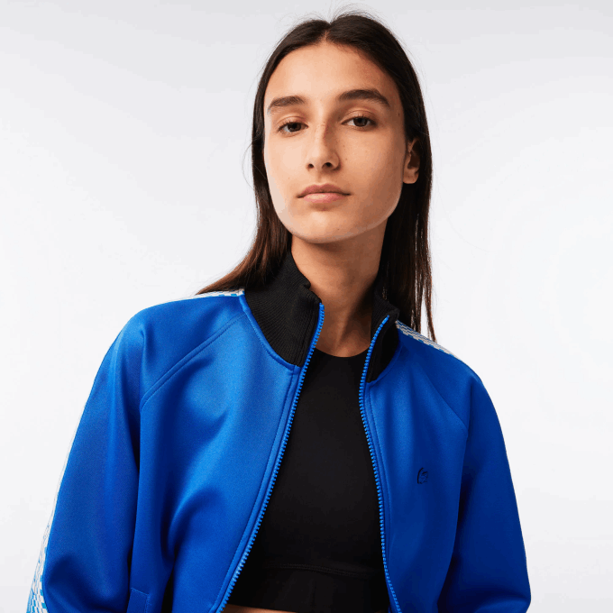 Women Lacoste V0ZN2398 Blue Black AF6 Loose Fit Logo Stripe Zipped Sweatshirt - Image 2