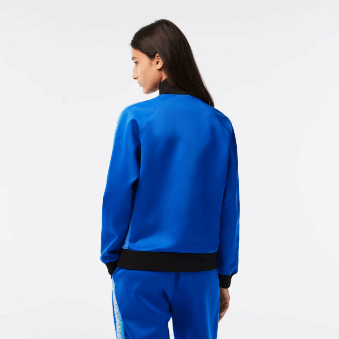 Women Lacoste V0ZN2398 Blue Black AF6 Loose Fit Logo Stripe Zipped Sweatshirt - Image 3