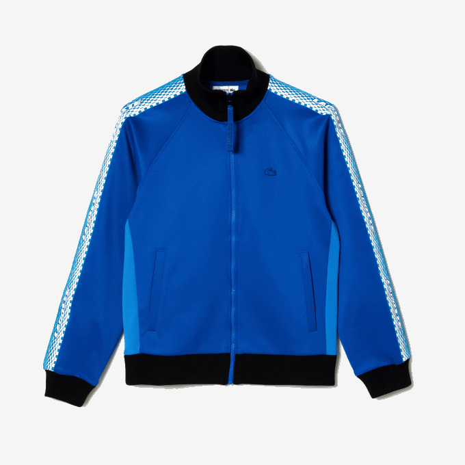 Women Lacoste V0ZN2398 Blue Black AF6 Loose Fit Logo Stripe Zipped Sweatshirt - Image 4