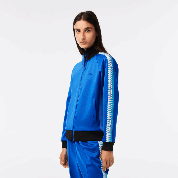Women Lacoste V0ZN2398 Blue Black AF6 Loose Fit Logo Stripe Zipped Sweatshirt - Image 1