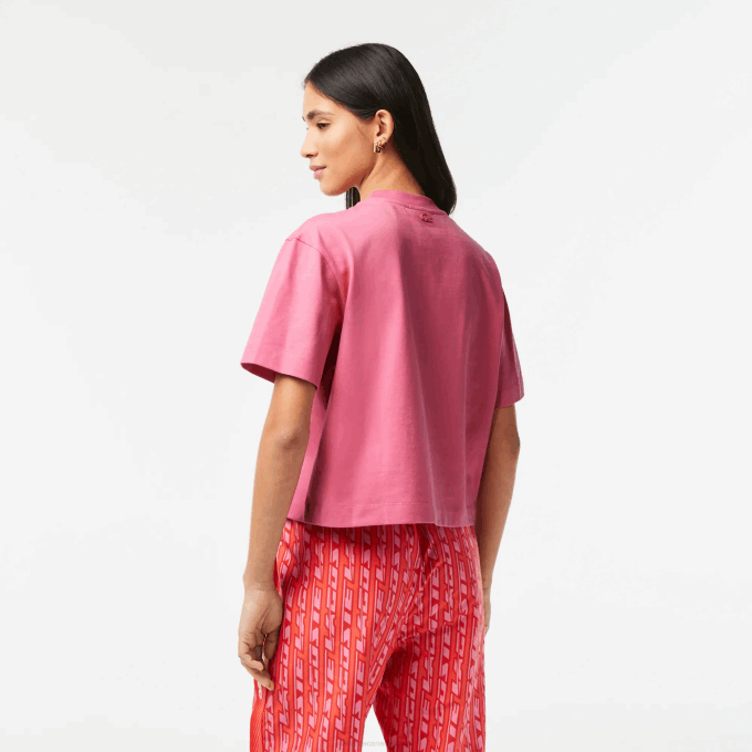 Women Lacoste V0ZN2428 Pink 2R3 Oversizedd Cotton Jersey T-Shirt - Image 3