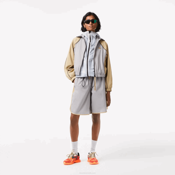 Women Lacoste V0ZN2431 Grey Beige 7MT Oversized Two Tone Jacket - Image 4