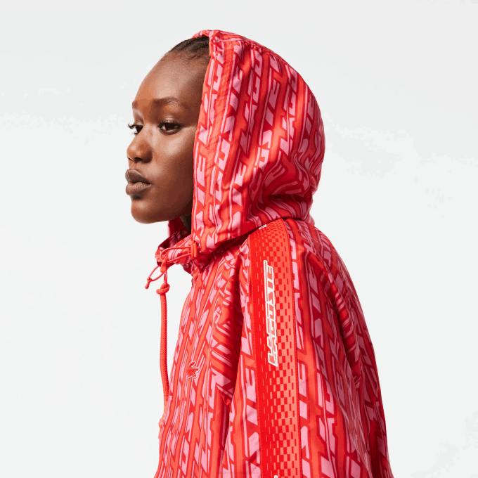 Women Lacoste V0ZN2438 Orange Red Pink ZI1 Oversized Hooded Track Jacket - Image 2