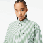 Women Lacoste V0ZN2448 White Khaki Green VI4 Striped Cotton Poplin Shirt - Image 2