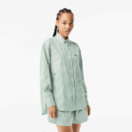 Women Lacoste V0ZN2448 White Khaki Green VI4 Striped Cotton Poplin Shirt