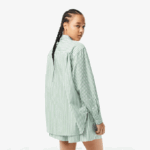 Women Lacoste V0ZN2448 White Khaki Green VI4 Striped Cotton Poplin Shirt - Image 3