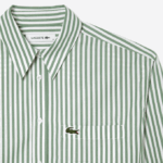 Women Lacoste V0ZN2448 White Khaki Green VI4 Striped Cotton Poplin Shirt - Image 5