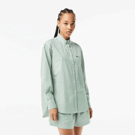 Women Lacoste V0ZN2448 White Khaki Green VI4 Striped Cotton Poplin Shirt