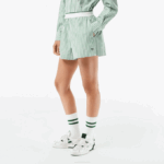 Women Lacoste V0ZN2455 White Khaki Green VI4 Striped Cotton Poplin Shorts - Image 2