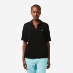 Women Lacoste V0ZN2463 Black 031 Loose Fit Flowy Pique Polo