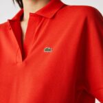 Women Lacoste V0ZN2464 Red F8M Loose Fit Flowy Pique Polo - Image 3