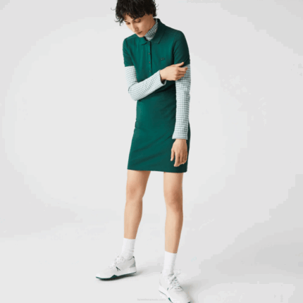 Women Lacoste V0ZN2467 Green 3M2 Stretch Cotton Pique Polo Dress