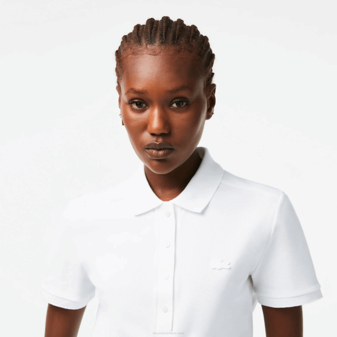 Women Lacoste V0ZN2468 White 001 Slim Fit Stretch Cotton Pique Polo - Image 2
