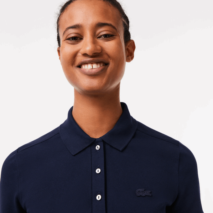 Women Lacoste V0ZN2470 Navy Blue 166 Slim Fit Stretch Cotton Pique Polo - Image 2