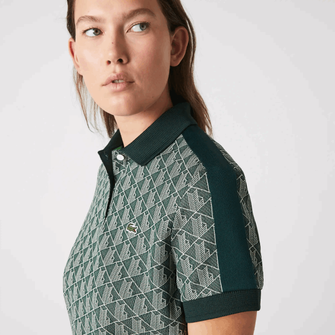 Women Lacoste V0ZN2474 Green Beige 7M4 Regular Fit Monogram Print Polo - Image 2