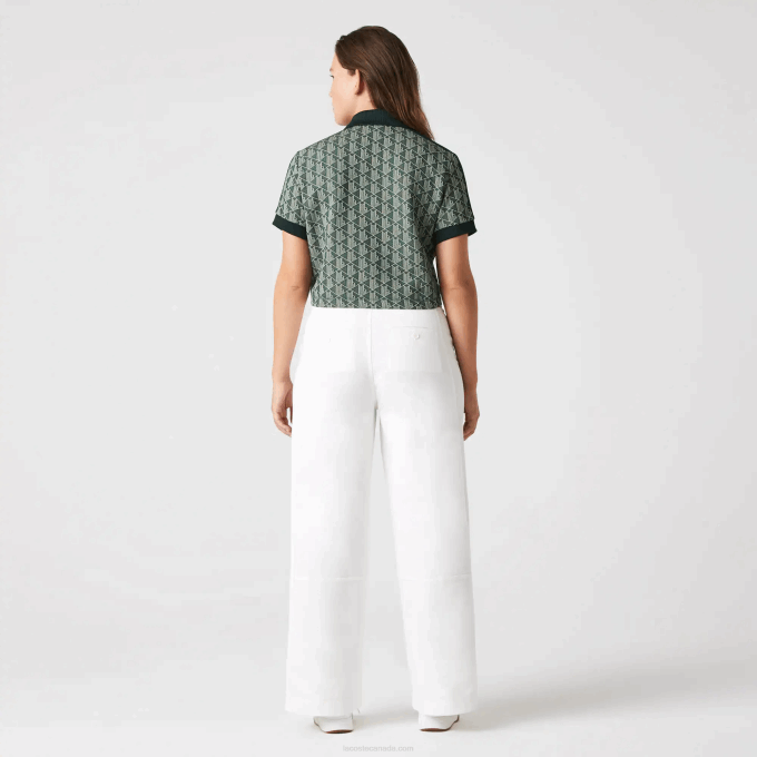 Women Lacoste V0ZN2474 Green Beige 7M4 Regular Fit Monogram Print Polo - Image 3