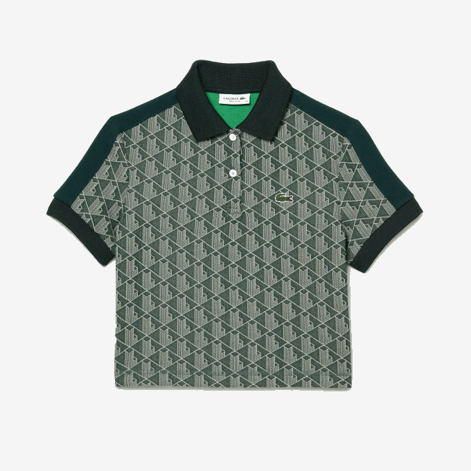 Women Lacoste V0ZN2474 Green Beige 7M4 Regular Fit Monogram Print Polo - Image 4