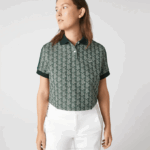 Women Lacoste V0ZN2474 Green Beige 7M4 Regular Fit Monogram Print Polo - Image 5