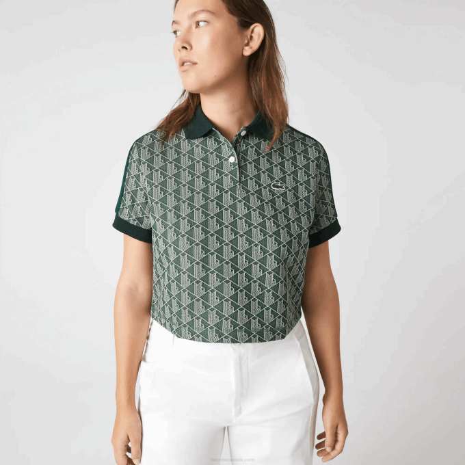 Women Lacoste V0ZN2474 Green Beige 7M4 Regular Fit Monogram Print Polo - Image 5