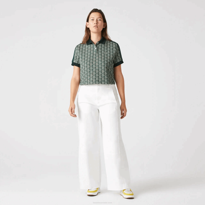 Women Lacoste V0ZN2474 Green Beige 7M4 Regular Fit Monogram Print Polo - Image 1