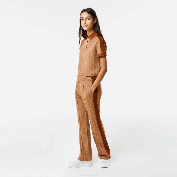 Women Lacoste V0ZN2475 Beige Brown ZWM Regular Fit Monogram Print Polo - Image 2