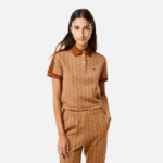 Women Lacoste V0ZN2475 Beige Brown ZWM Regular Fit Monogram Print Polo