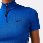Women Lacoste V0ZN2477 Blue K1Q Contrast Bands Zip Neck Polo - Image 4