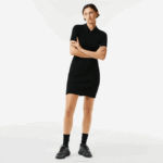Women Lacoste V0ZN2481 Black 031 Knit Details Front Zip Dress - Image 6