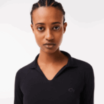 Women Lacoste V0ZN2483 Black 031 Cropped Long Sleeve Polo - Image 2
