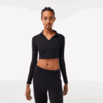 Women Lacoste V0ZN2483 Black 031 Cropped Long Sleeve Polo