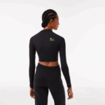 Women Lacoste V0ZN2483 Black 031 Cropped Long Sleeve Polo - Image 3