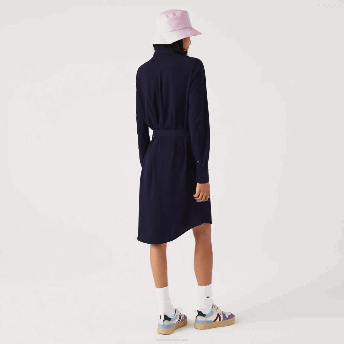 Women Lacoste V0ZN2491 Navy Blue 166 Adjustable Cotton Pique Polo Dress - Image 3