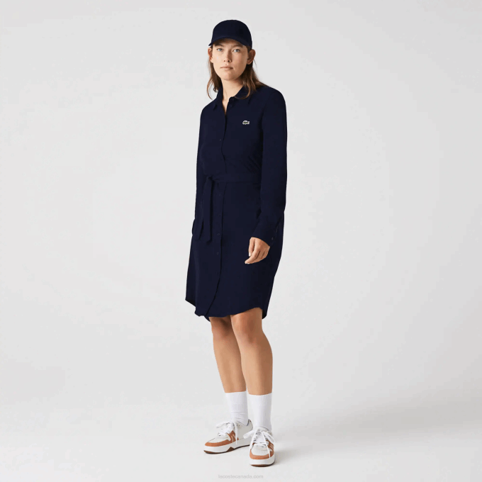 Women Lacoste V0ZN2491 Navy Blue 166 Adjustable Cotton Pique Polo Dress - Image 6