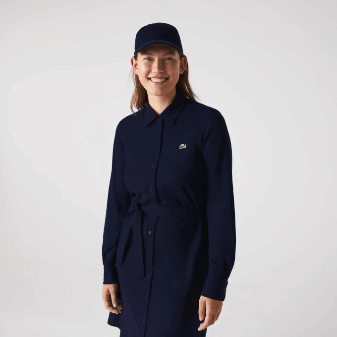 Women Lacoste V0ZN2491 Navy Blue 166 Adjustable Cotton Pique Polo Dress - Image 8