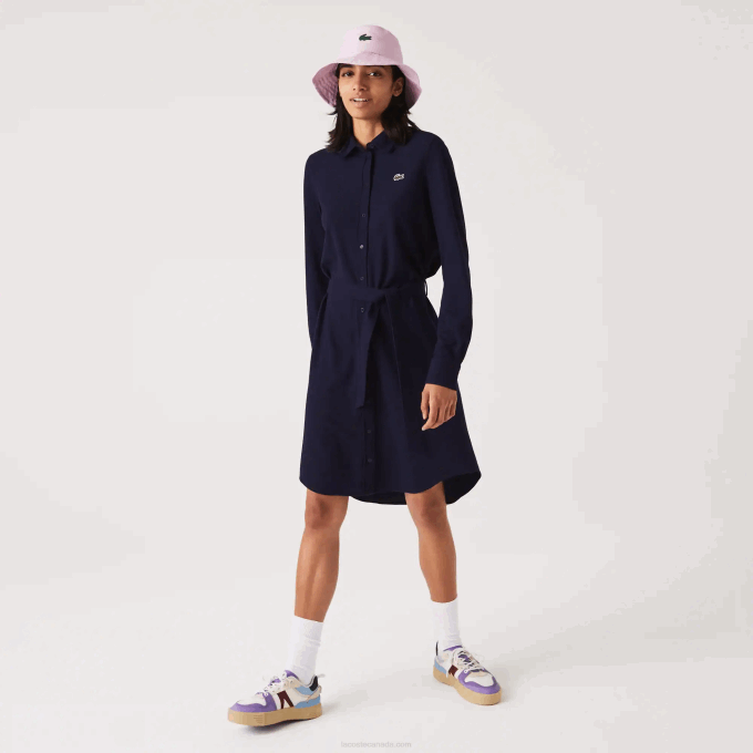 Women Lacoste V0ZN2491 Navy Blue 166 Adjustable Cotton Pique Polo Dress - Image 1