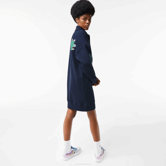 Women Lacoste V0ZN2492 Navy Blue 166 Oversized Zip Neck Polo Dress - Image 4