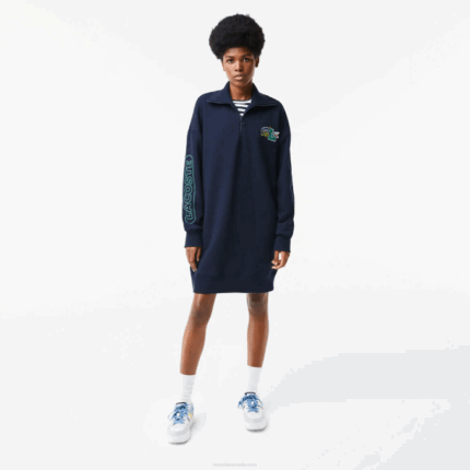 Women Lacoste V0ZN2492 Navy Blue 166 Oversized Zip Neck Polo Dress