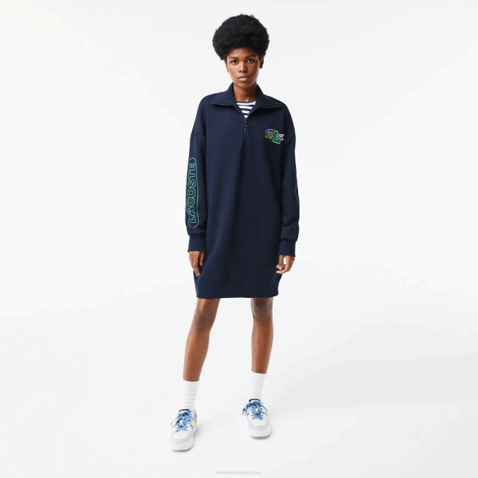 Women Lacoste V0ZN2492 Navy Blue 166 Oversized Zip Neck Polo Dress - Image 1