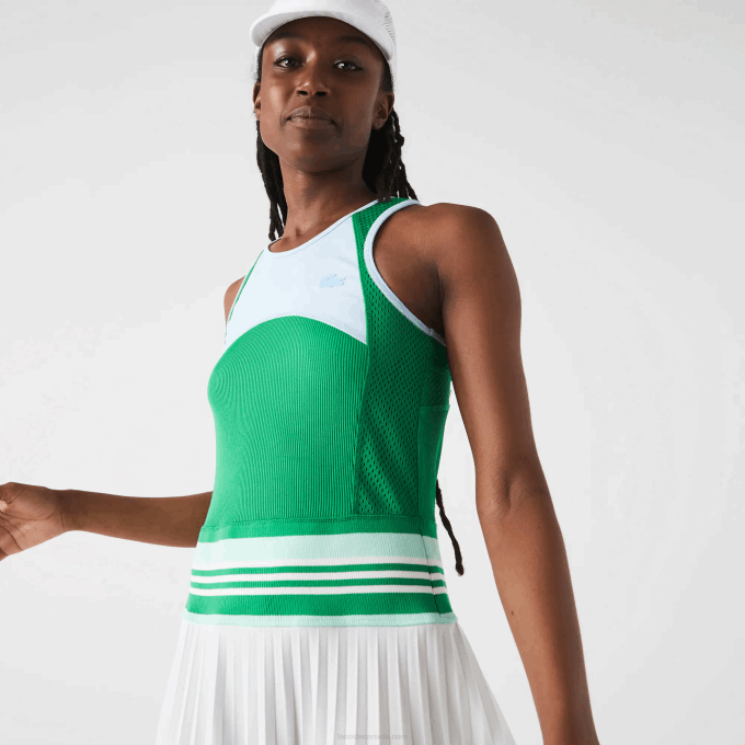 Women Lacoste V0ZN2497 Blue Green White 2C5 Pleated Colorblock Tank Top Dress - Image 2