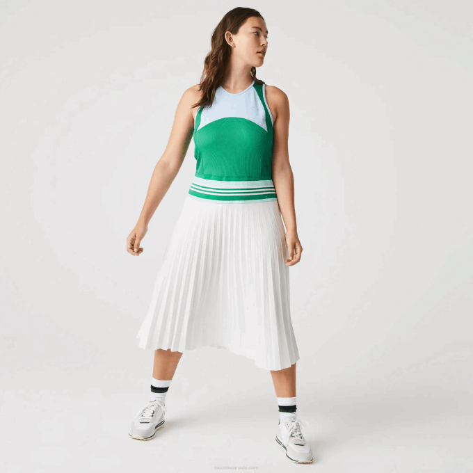 Women Lacoste V0ZN2497 Blue Green White 2C5 Pleated Colorblock Tank Top Dress - Image 9