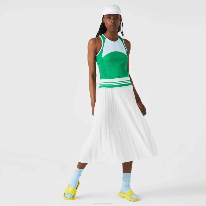 Women Lacoste V0ZN2497 Blue Green White 2C5 Pleated Colorblock Tank Top Dress - Image 1