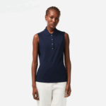 Women Lacoste V0ZN2498 Navy Blue 166 Slim Fit Sleeveless Cotton Pique Polo Shirt
