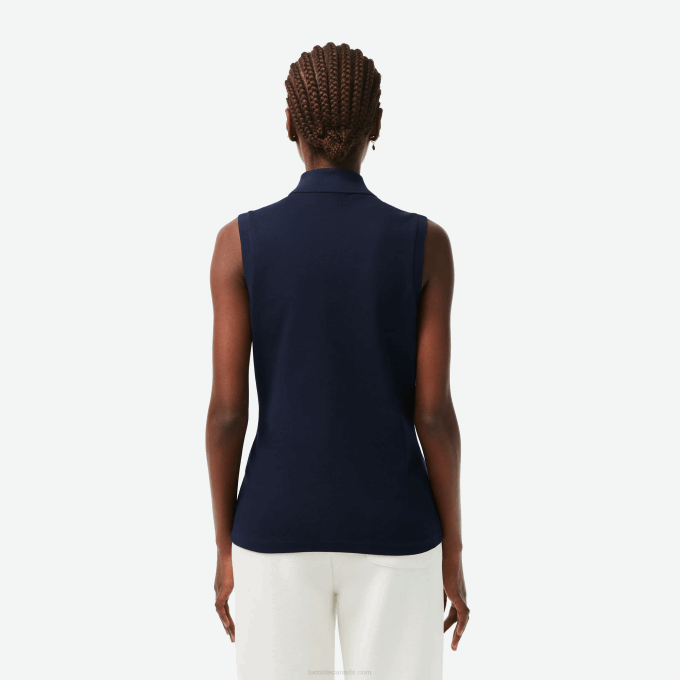 Women Lacoste V0ZN2498 Navy Blue 166 Slim Fit Sleeveless Cotton Pique Polo Shirt - Image 3