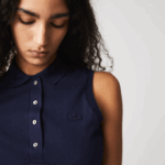 Women Lacoste V0ZN2498 Navy Blue 166 Slim Fit Sleeveless Cotton Pique Polo Shirt - Image 4